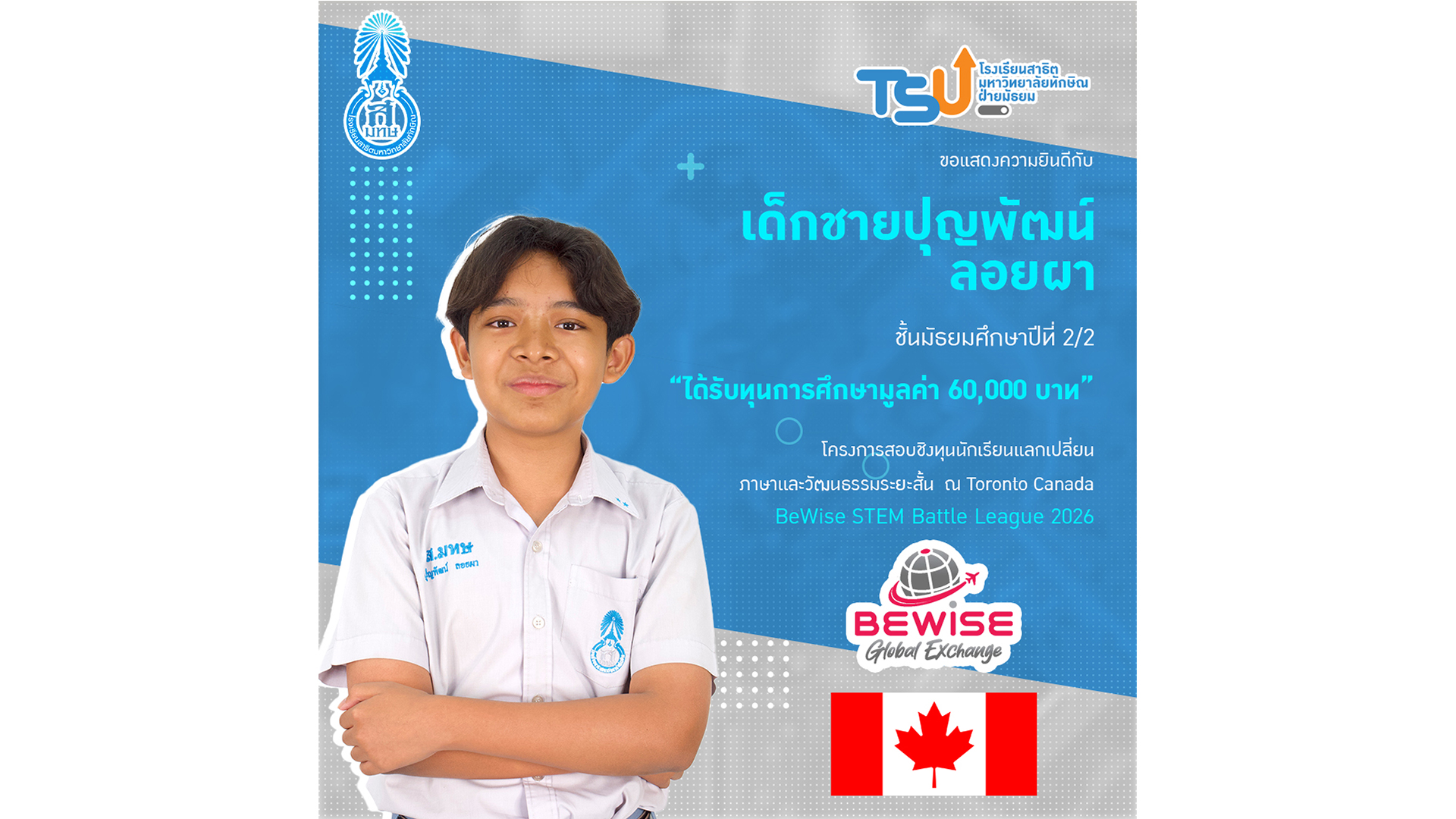 ขอแสดงความยินดีกับ เด็กชาย ปุญพัฒน์ ลอยผา นักเรียนชั้นมัธยมศึกษาปีที่ 2/2 ที่ได้รับ ทุนการศึกษามูลค่า 60,000 บาท จากโครงการสอบชิงทุนนักเรียนแลกเปลี่ยนภาษาและวัฒนธรรมระยะสั้น  ณ Toronto Canada 