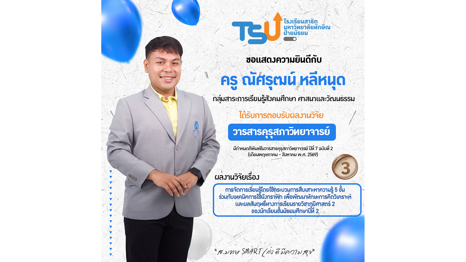 ขอแสดงความยินดีกับ ครูณัศรุฒน์ หลีหนุด กลุ่มสาระการเรียนรู้สังคมศึกษา ศาสนาและวัฒนธรรม ที่ผลงานวิจัยได้รับการตอบรับตีพิมพ์ในวารสารคุรุสภาวิทยาจารย์